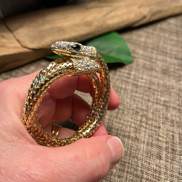 2296-ATT Inlaid Rhinestone Gold Tone Snake Bangle Bracelet - Picture 10 of 12